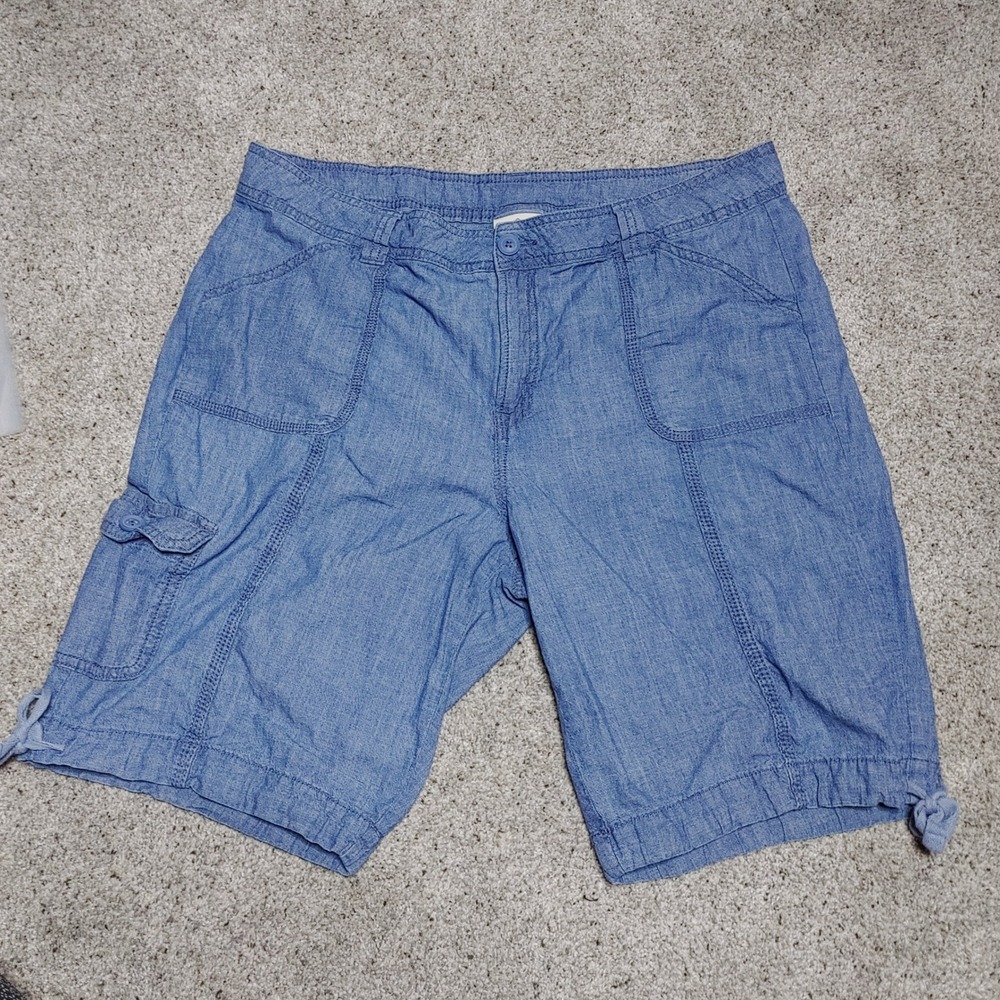 St. Johns Bay Blue Chambray Cargo Shorts Womens 16 Cotton Tie Hem Utility